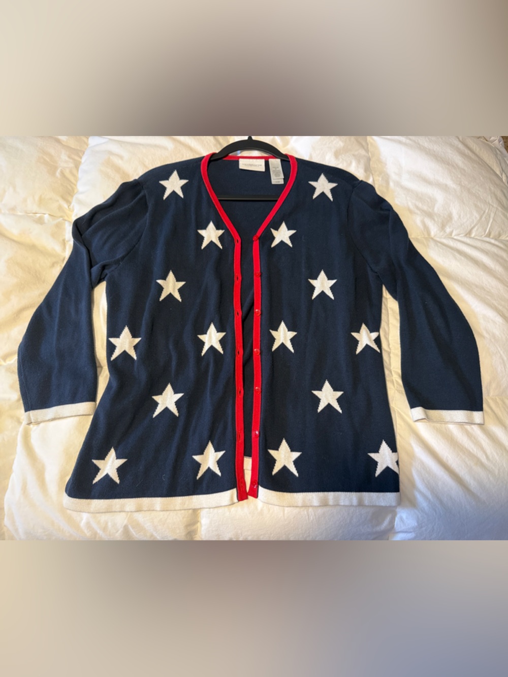 Fourth of July Liz Claiborne Navy Star Knit Cardigan with Red Trim